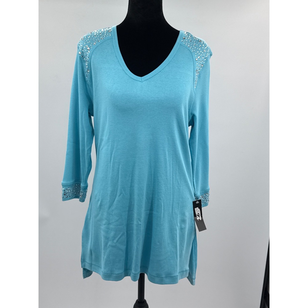Tia Turquoise Blue Rhinestone Embellished V-Neck 3/4 Sleeve Tunic Top Small NWT